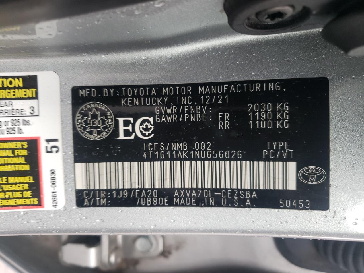 2022 Toyota Camry Se VIN: 4T1G11AK1NU656026 Lot: 84594795