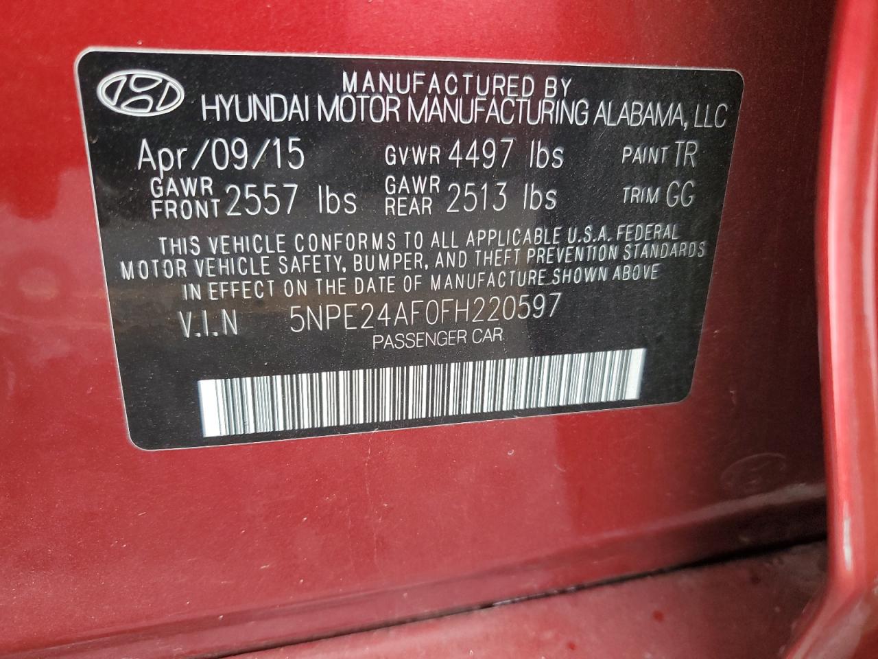 2015 Hyundai Sonata Se VIN: 5NPE24AF0FH220597 Lot: 83983435