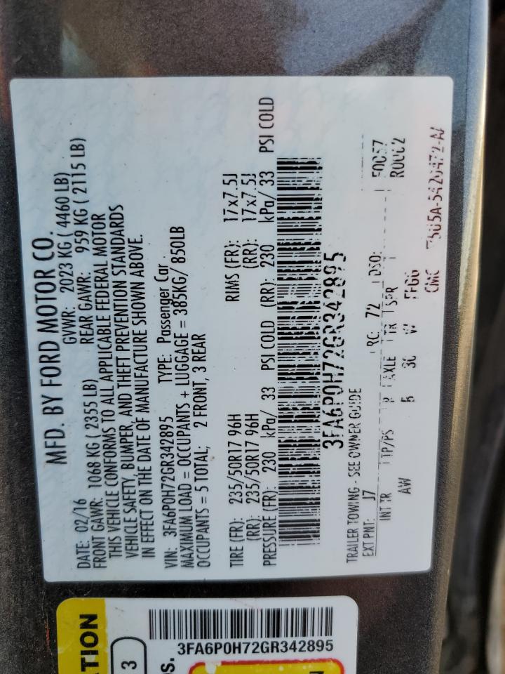 2016 Ford Fusion Se VIN: 3FA6P0H72GR342895 Lot: 71421245