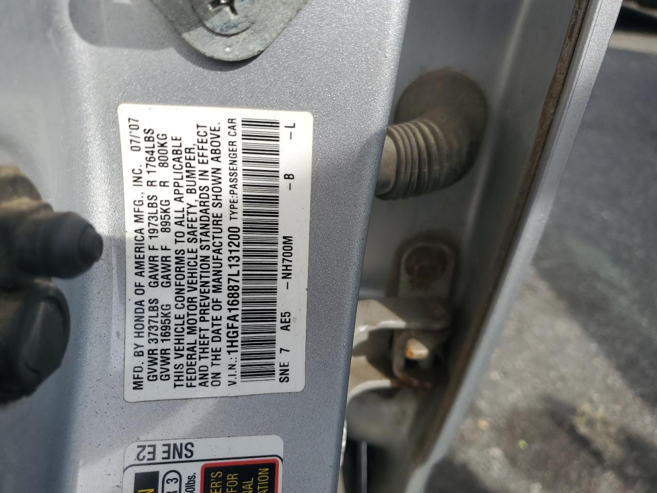 2007 Honda Civic Ex VIN: 1HGFA16887L131200 Lot: 84185695