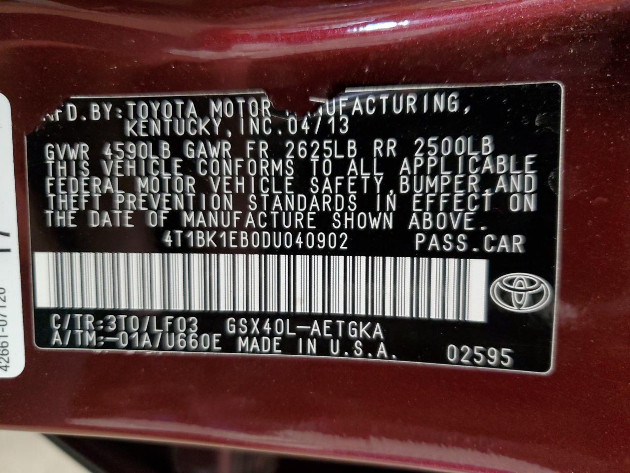 2013 Toyota Avalon Base VIN: 4T1BK1EB0DU040902 Lot: 82059445