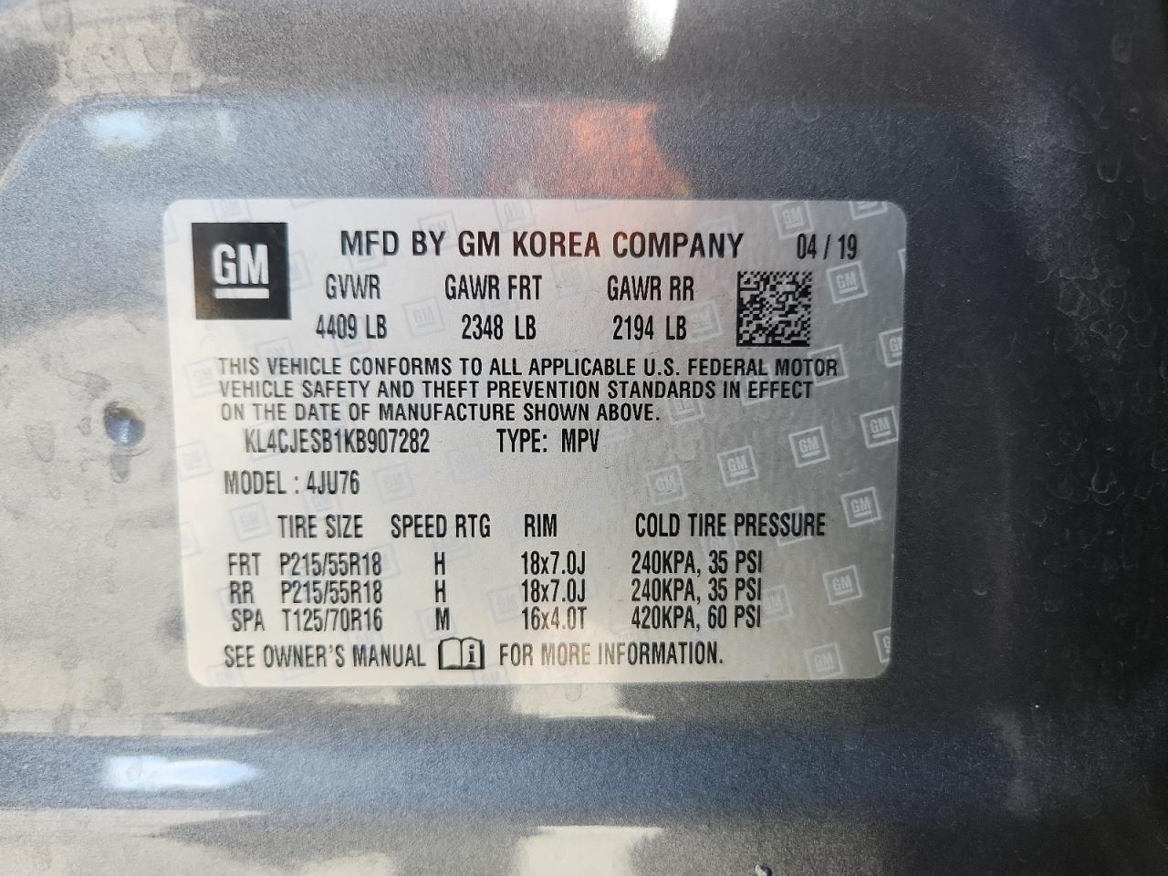 2019 Buick Encore Preferred VIN: KL4CJESB1KB907282 Lot: 81217705