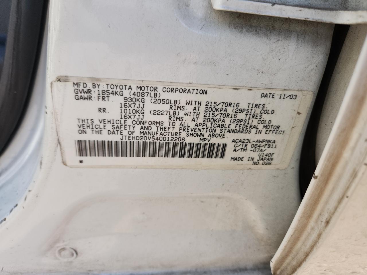 2004 Toyota Rav4 VIN: JTEHD20V540012208 Lot: 72014225