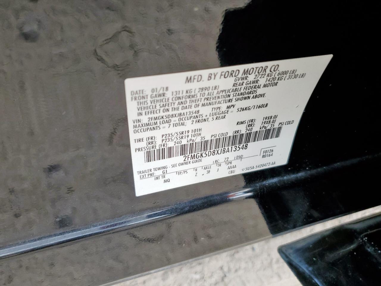 2018 Ford Flex Limited VIN: 2FMGK5D8XJBA13548 Lot: 81718355