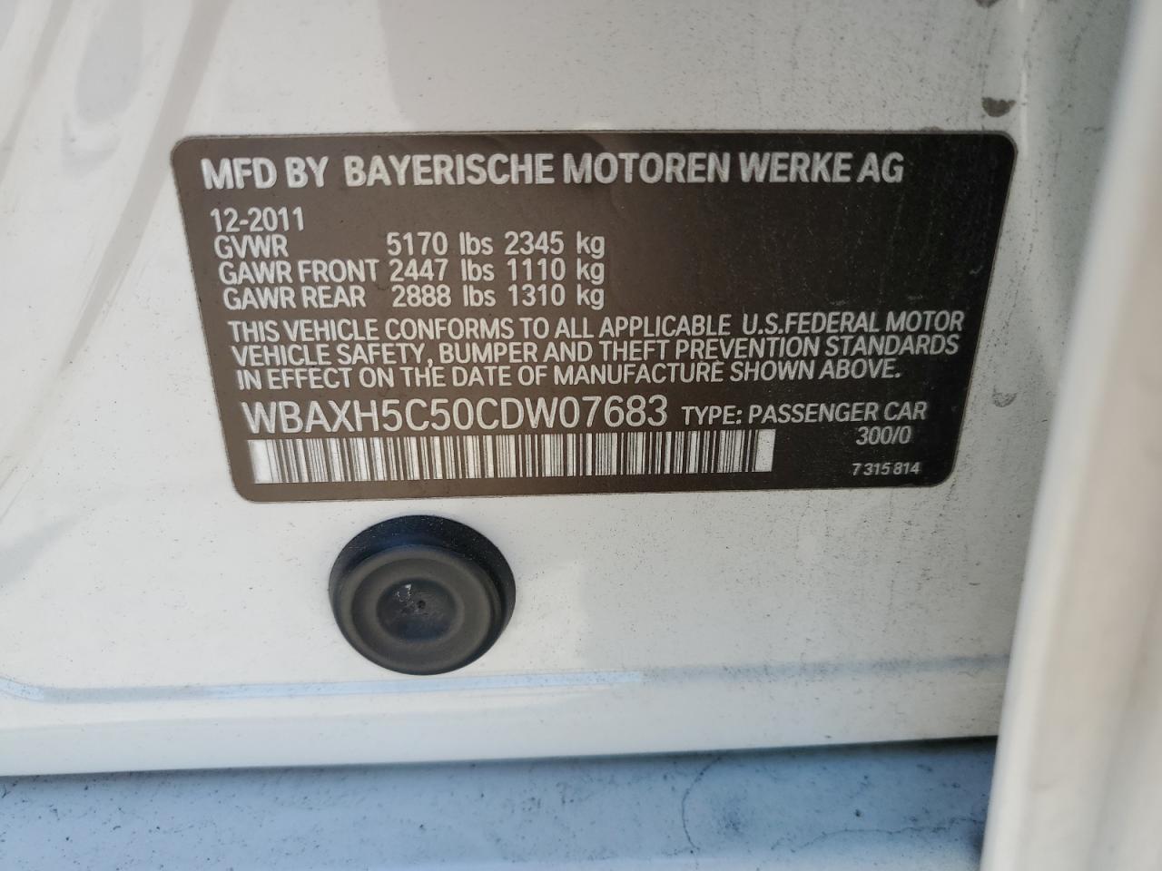 2012 BMW 528 Xi VIN: WBAXH5C50CDW07683 Lot: 71864595