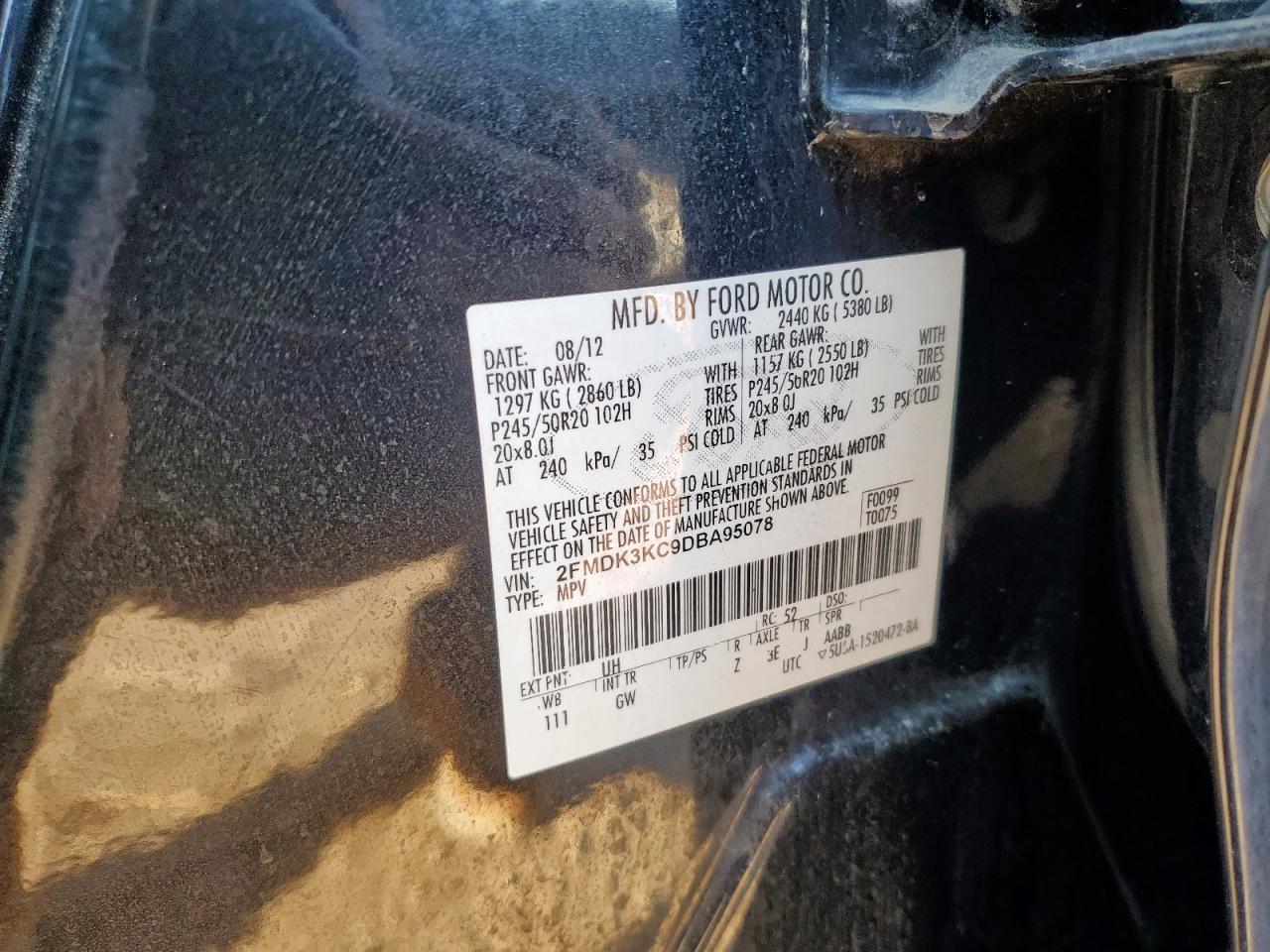 2013 Ford Edge Limited VIN: 2FMDK3KC9DBA95078 Lot: 71924285