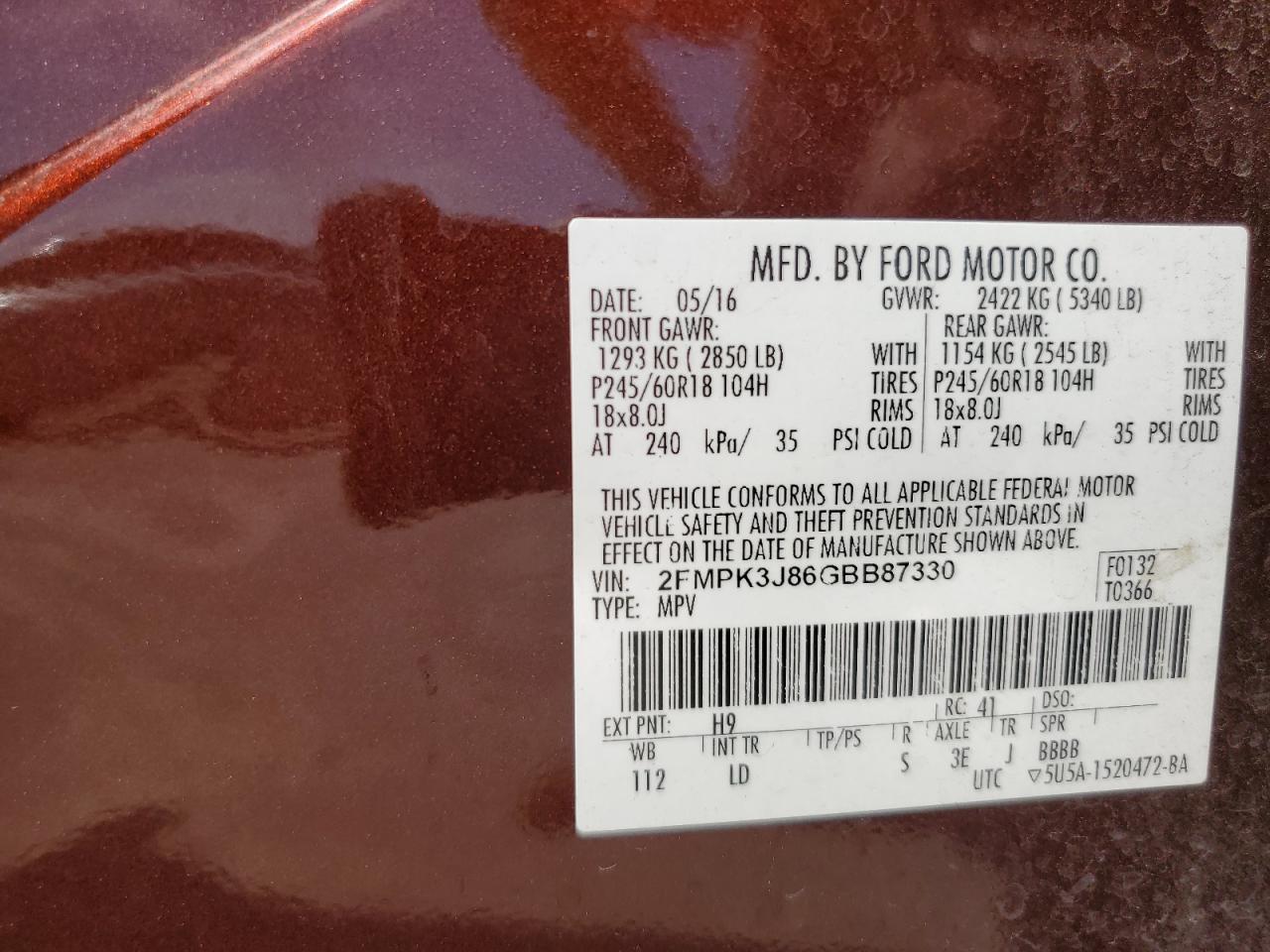 2016 Ford Edge Sel VIN: 2FMPK3J86GBB87330 Lot: 71590485