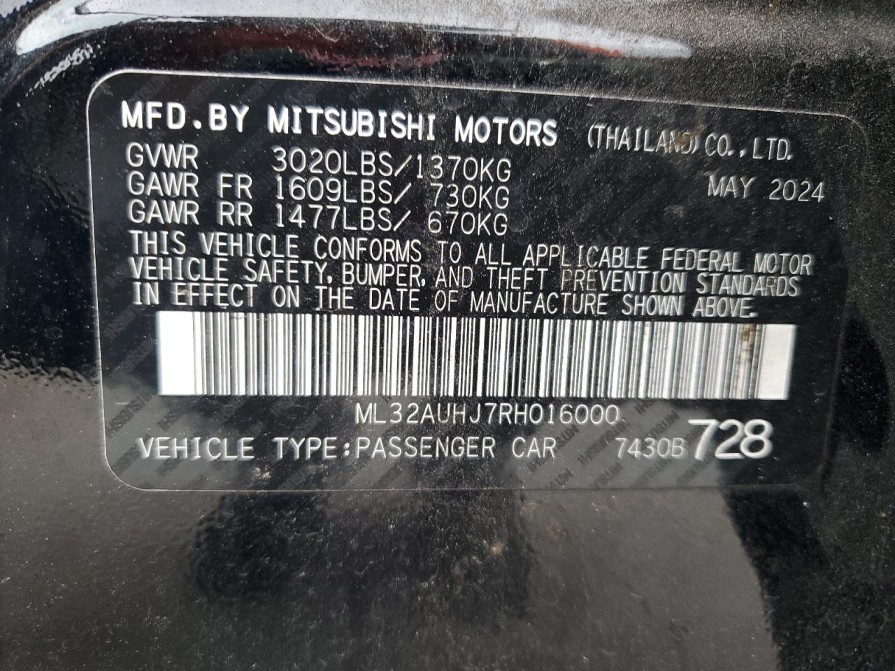 2024 Mitsubishi Mirage Es VIN: ML32AUHJ7RH016000 Lot: 80902095