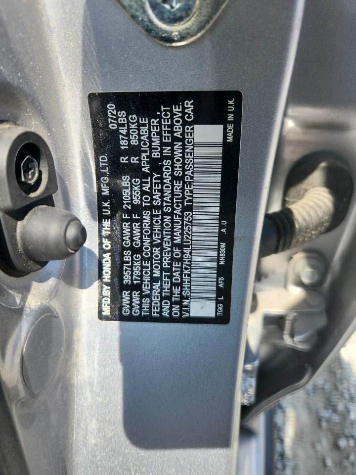 2020 Honda Civic Sport Touring VIN: SHHFK7H94LU225753 Lot: 80156425