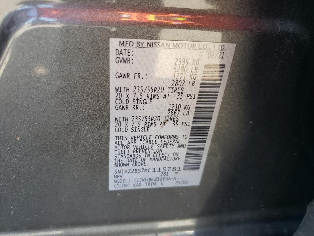 2021 Nissan Murano Sv VIN: 5N1AZ2BS7MC115781 Lot: 71545815