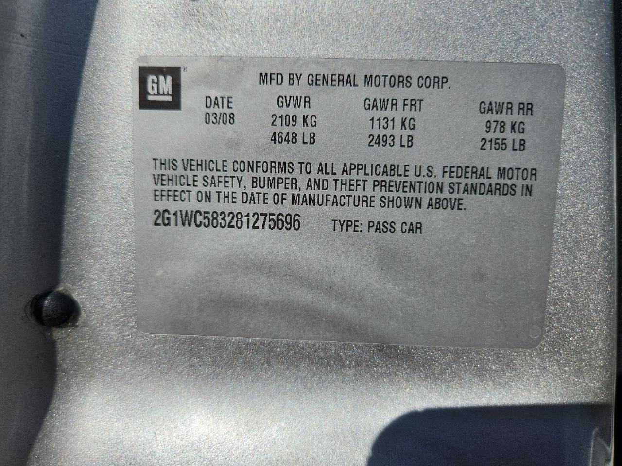 2008 Chevrolet Impala Lt VIN: 2G1WC583281275696 Lot: 71961935