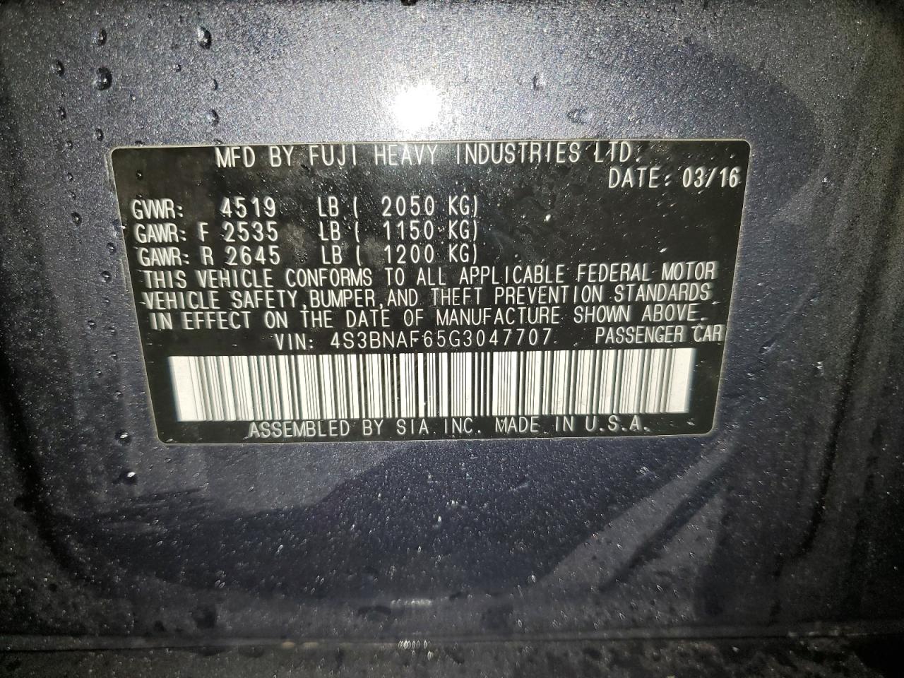 2016 Subaru Legacy 2.5I Premium VIN: 4S3BNAF65G3047707 Lot: 83834335