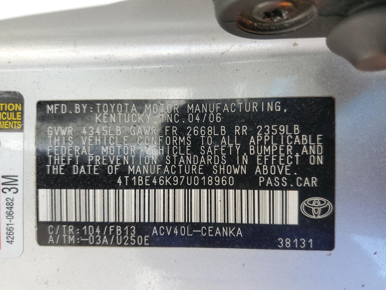 2007 Toyota Camry Ce VIN: 4T1BE46K97U018960 Lot: 71914915