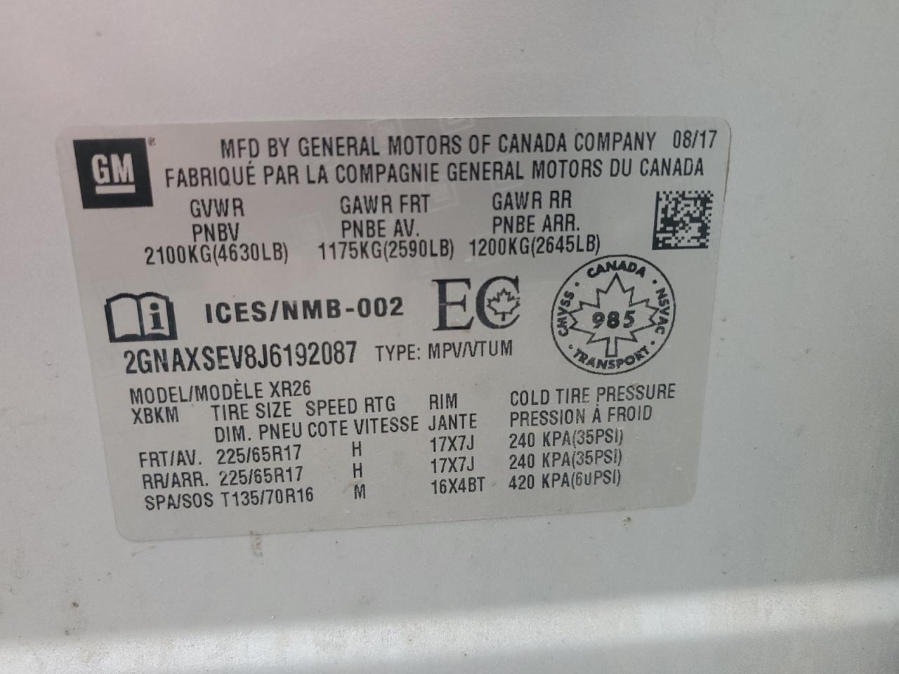 2018 Chevrolet Equinox Lt VIN: 2GNAXSEV8J6192087 Lot: 84438345