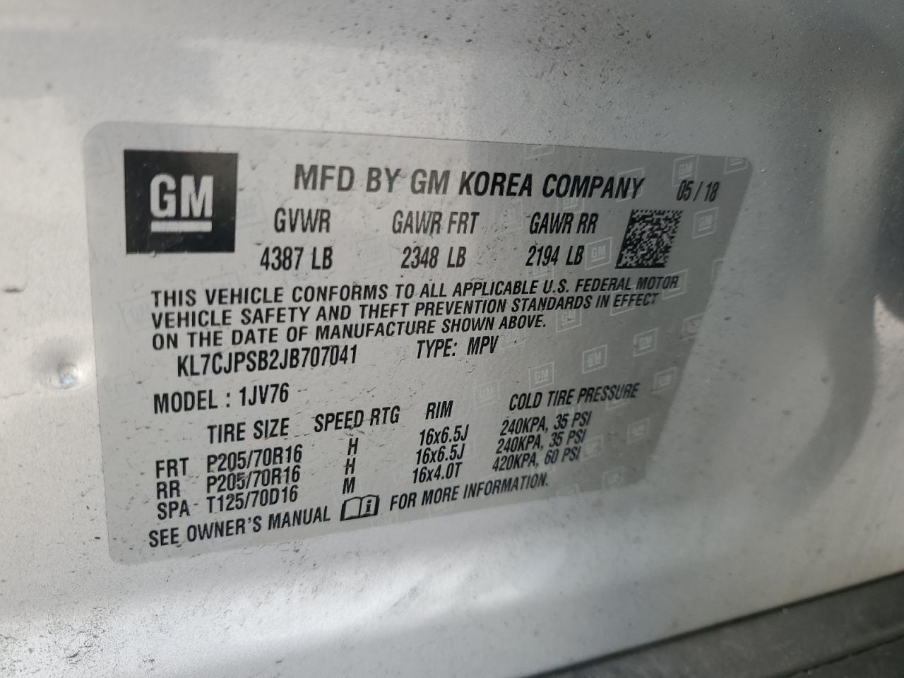 2018 Chevrolet Trax 1Lt VIN: KL7CJPSB2JB7041 Lot: 83834735