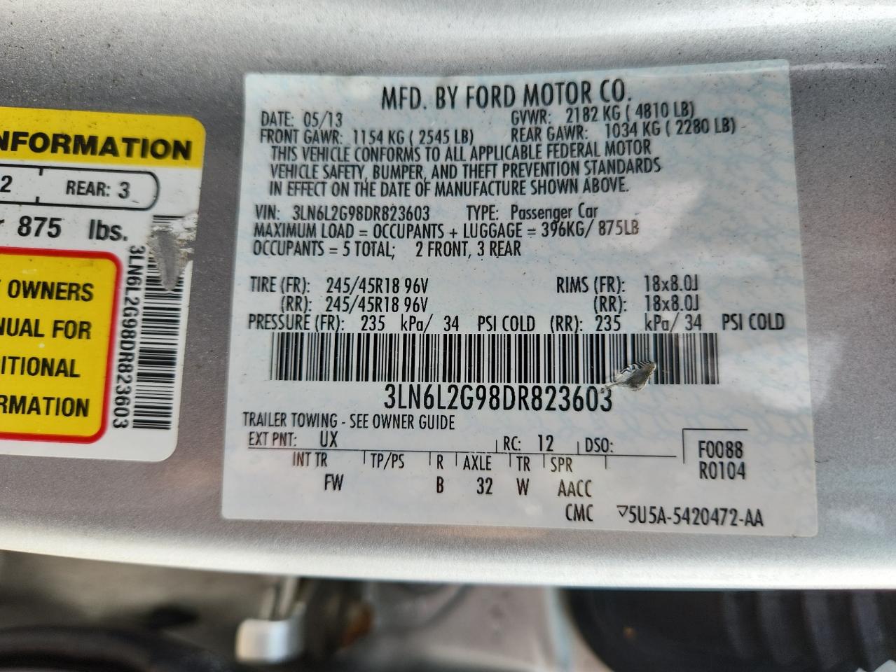 2013 Lincoln Mkz VIN: 3LN6L2G98DR823603 Lot: 80357755