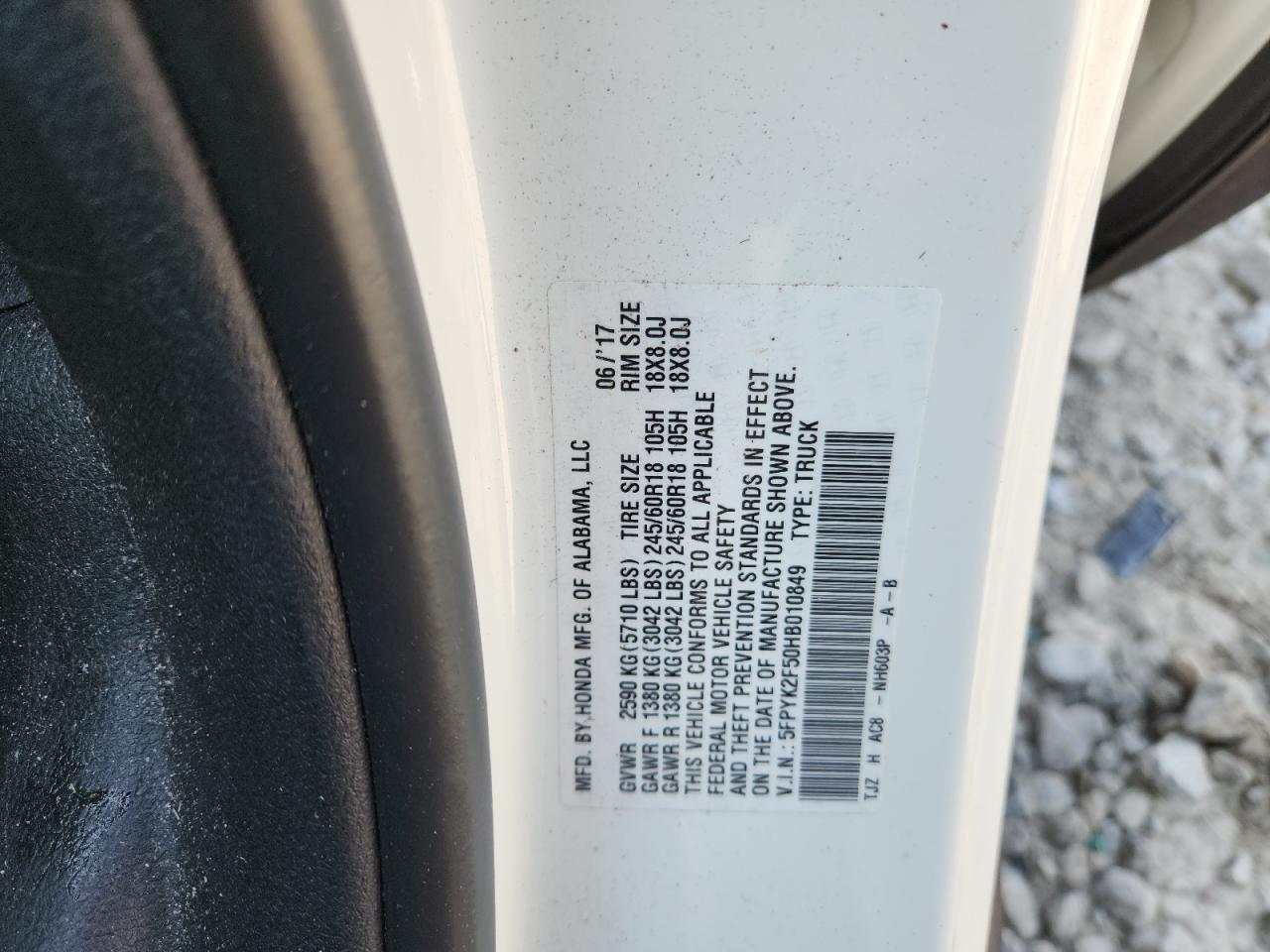 2017 Honda Ridgeline Rtl VIN: 5FPYK2F50HB010849 Lot: 80300395