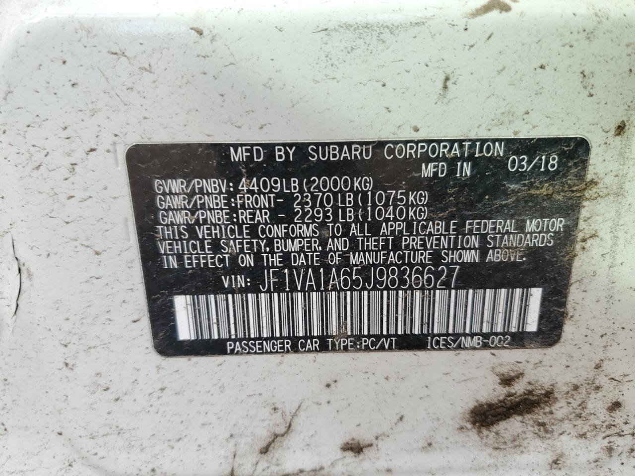 2018 Subaru Wrx VIN: JF1VA1A65J9836627 Lot: 80912285