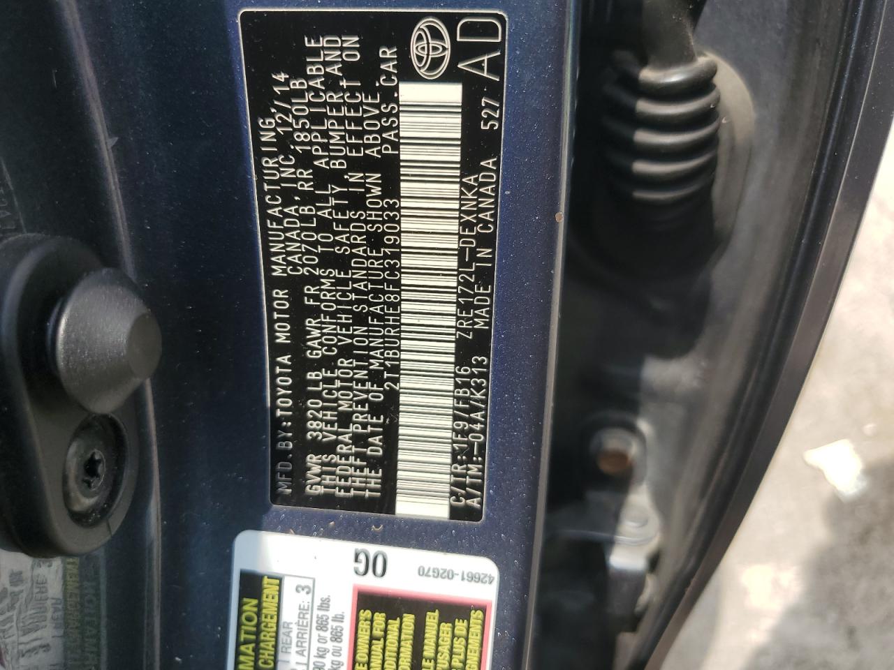 2015 Toyota Corolla L VIN: 2T1BURHE8FC319033 Lot: 80486255