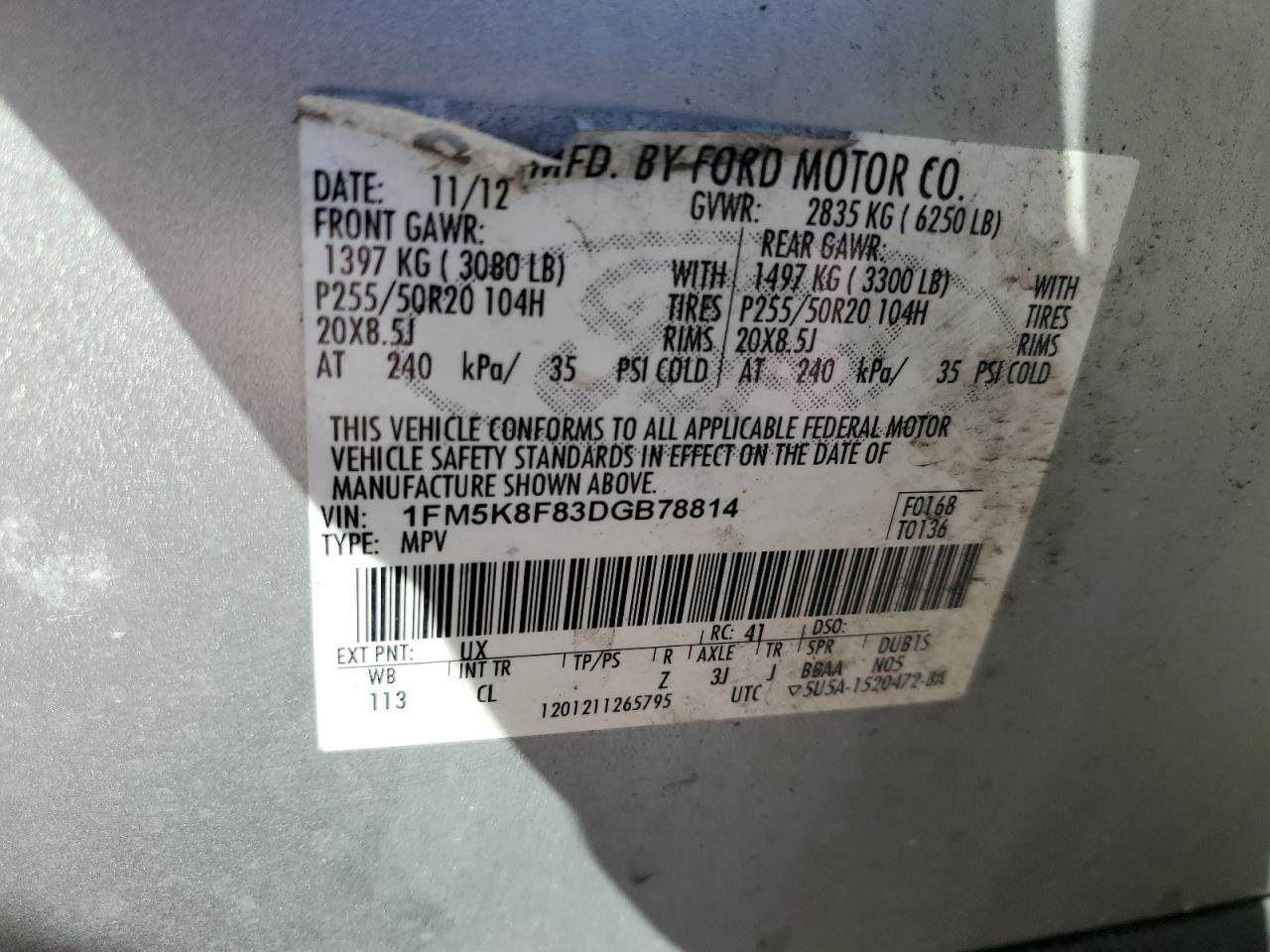 2013 Ford Explorer Limited VIN: 1FM5K8F83DGB78814 Lot: 81570005