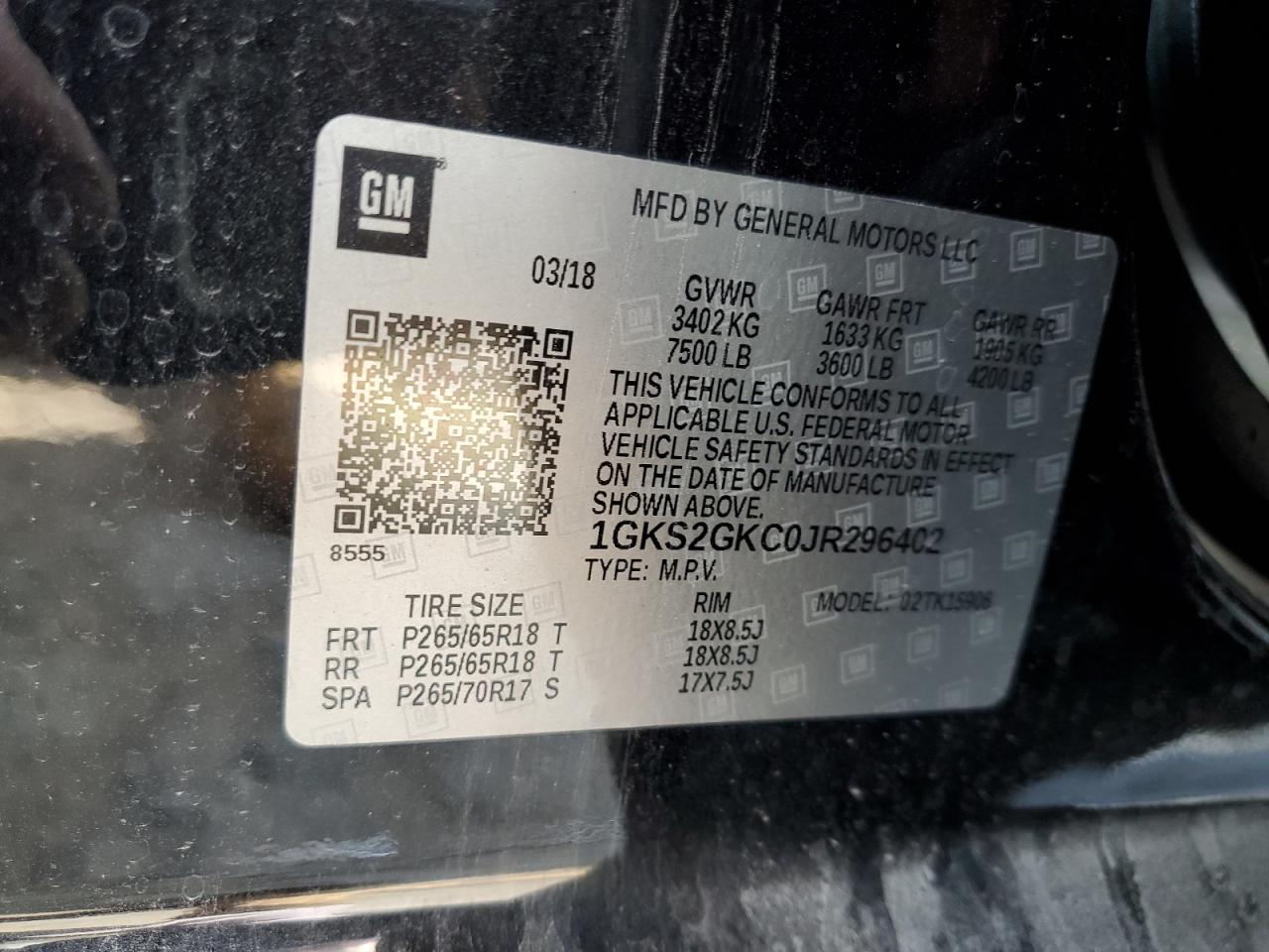 2018 GMC Yukon Xl K1500 Slt VIN: 1GKS2GKC0JR296402 Lot: 71484635