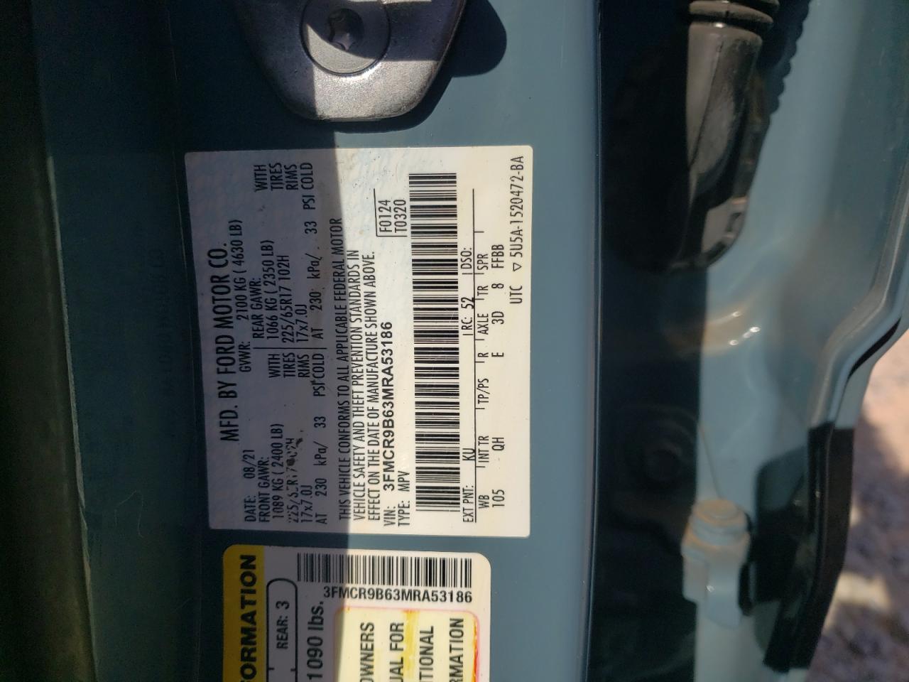 2021 Ford Bronco Sport Big Bend VIN: 3FMCR9B63MRA53186 Lot: 84632445