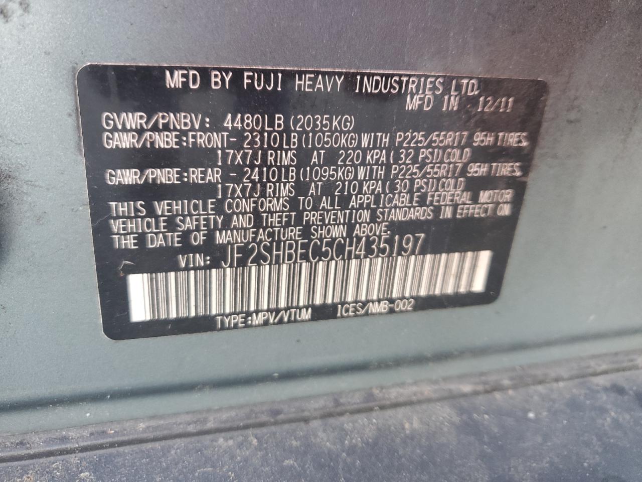 2012 Subaru Forester Limited VIN: JF2SHBEC5CH435197 Lot: 80946265