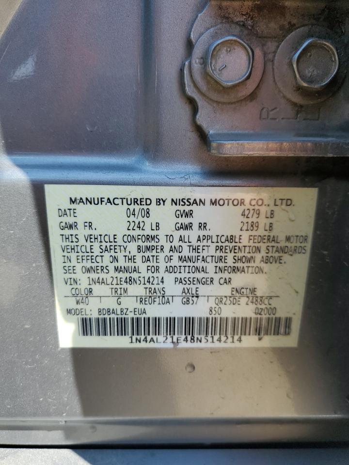2008 Nissan Altima 2.5 VIN: 1N4AL21E48N514214 Lot: 82113145