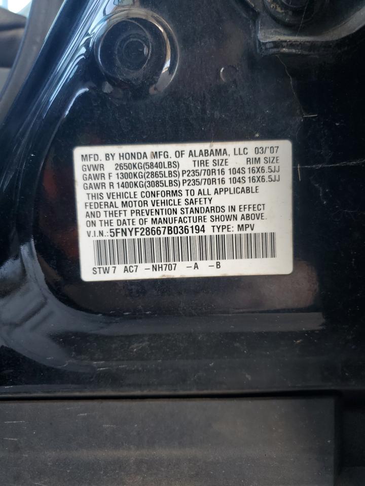 2007 Honda Pilot Exl VIN: 5FNYF28667B036194 Lot: 80344985