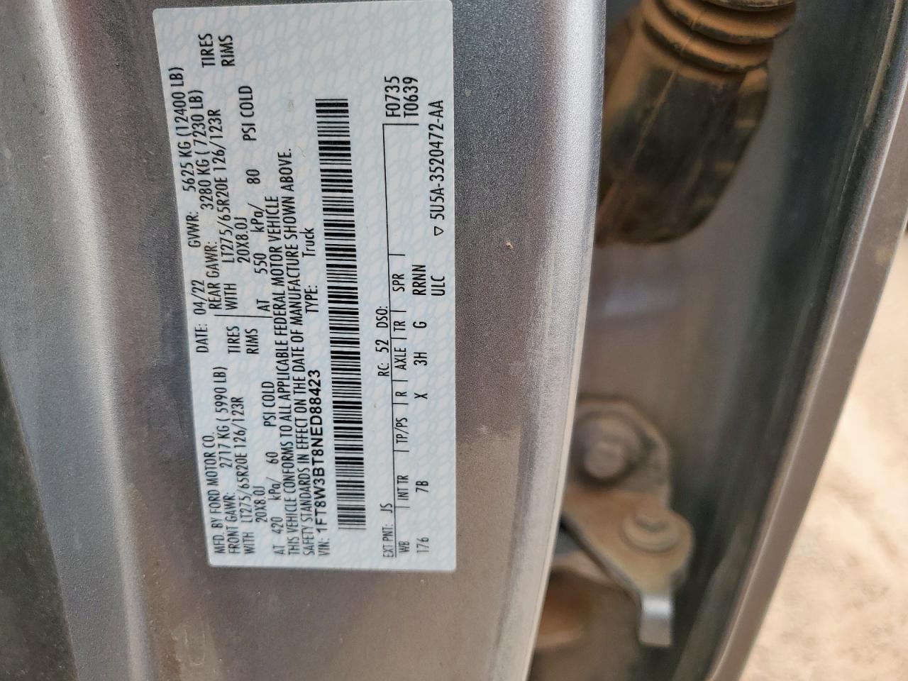 2022 Ford Super Duty F-350 W/S VIN: 1FT8W3BT8NED88423 Lot: 81496235