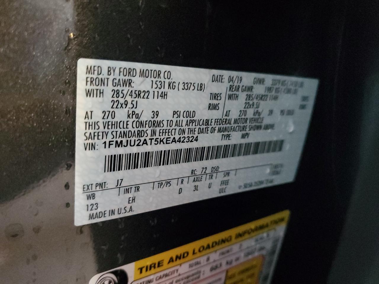 2019 Ford Expedition Limited VIN: 1FMJU2AT5KEA42324 Lot: 84037025