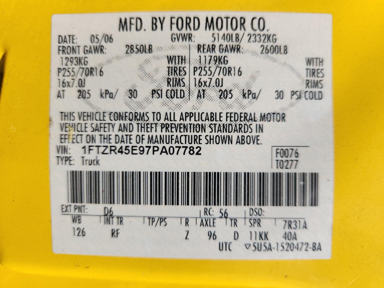 2007 Ford Ranger Super Cab VIN: 1FTZR45E97PA07782 Lot: 80940095