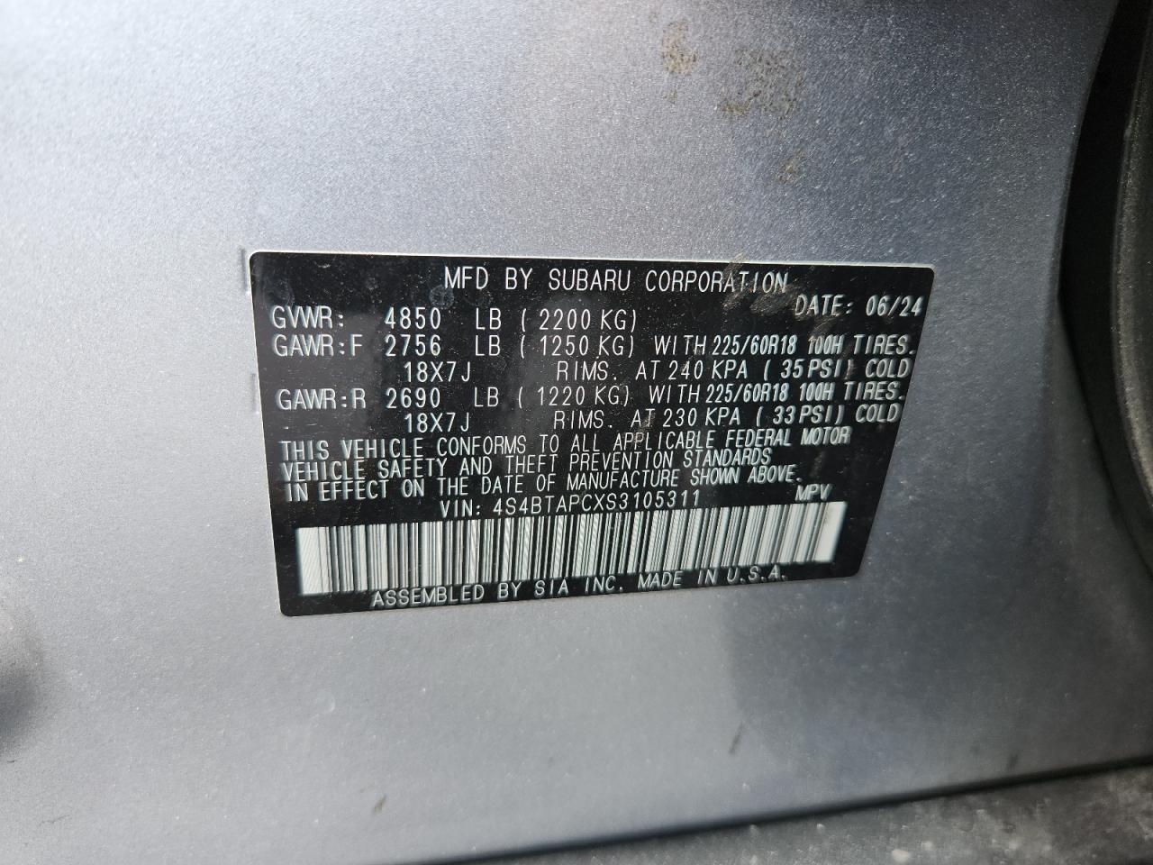 2025 Subaru Outback Touring VIN: 4S4BTAPCXS3105311 Lot: 81058645