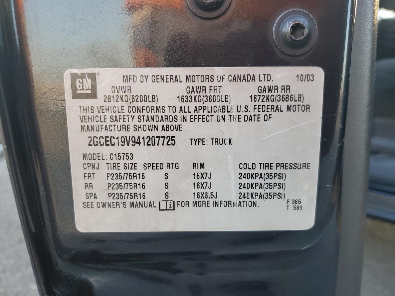 2004 Chevrolet Silverado C1500 VIN: 2GCEC19V941207725 Lot: 81846585