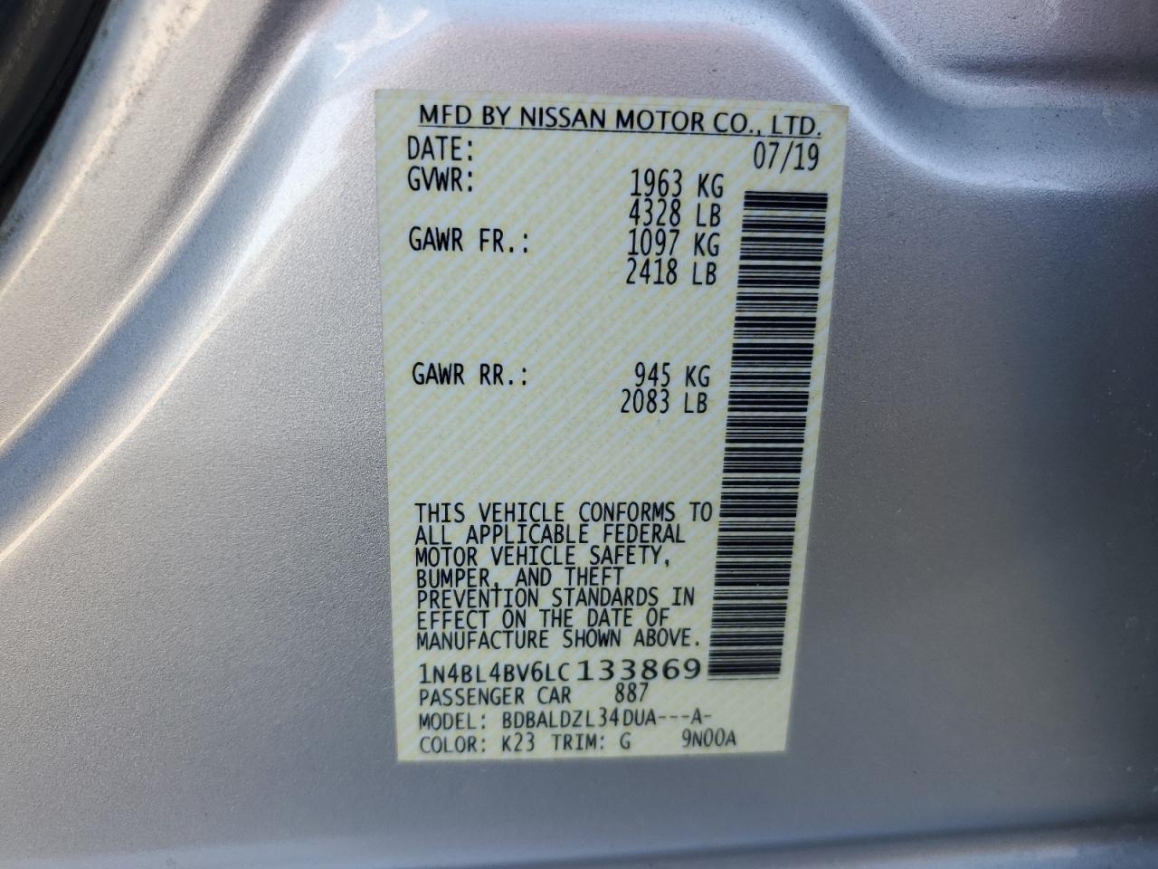 2020 Nissan Altima S VIN: 1N4BL4BV6LC133869 Lot: 81676495