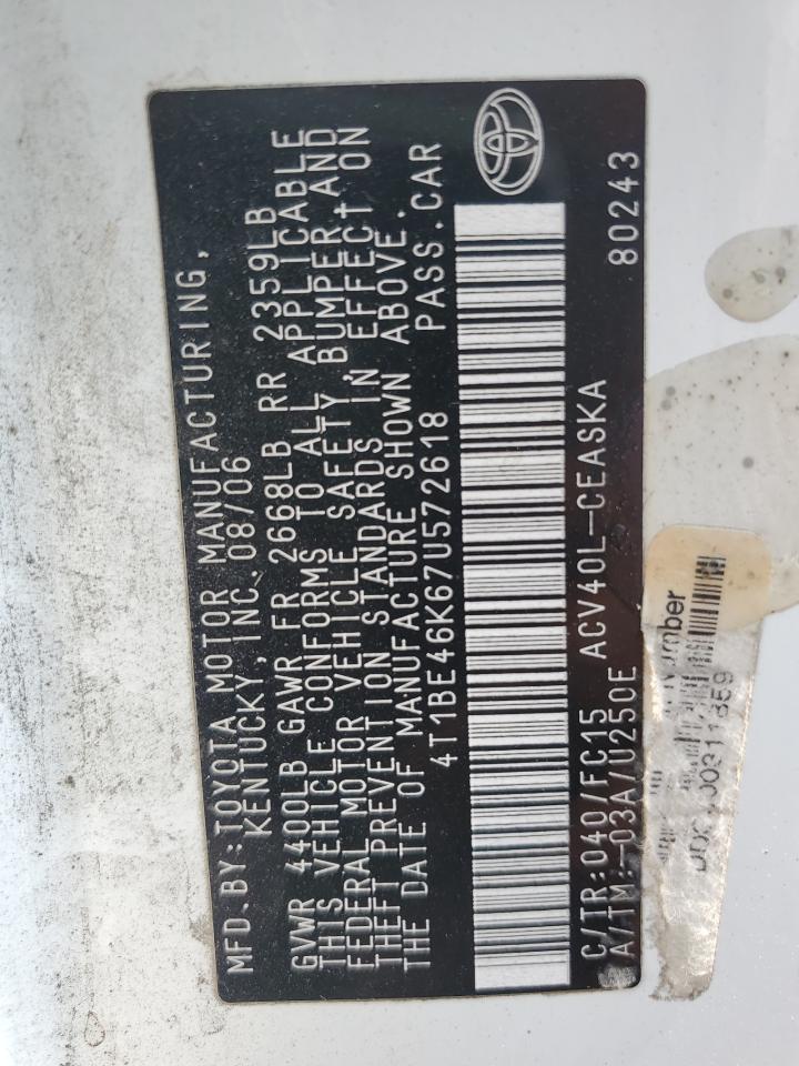 2007 Toyota Camry Ce VIN: 4T1BE46K67U572618 Lot: 71263855