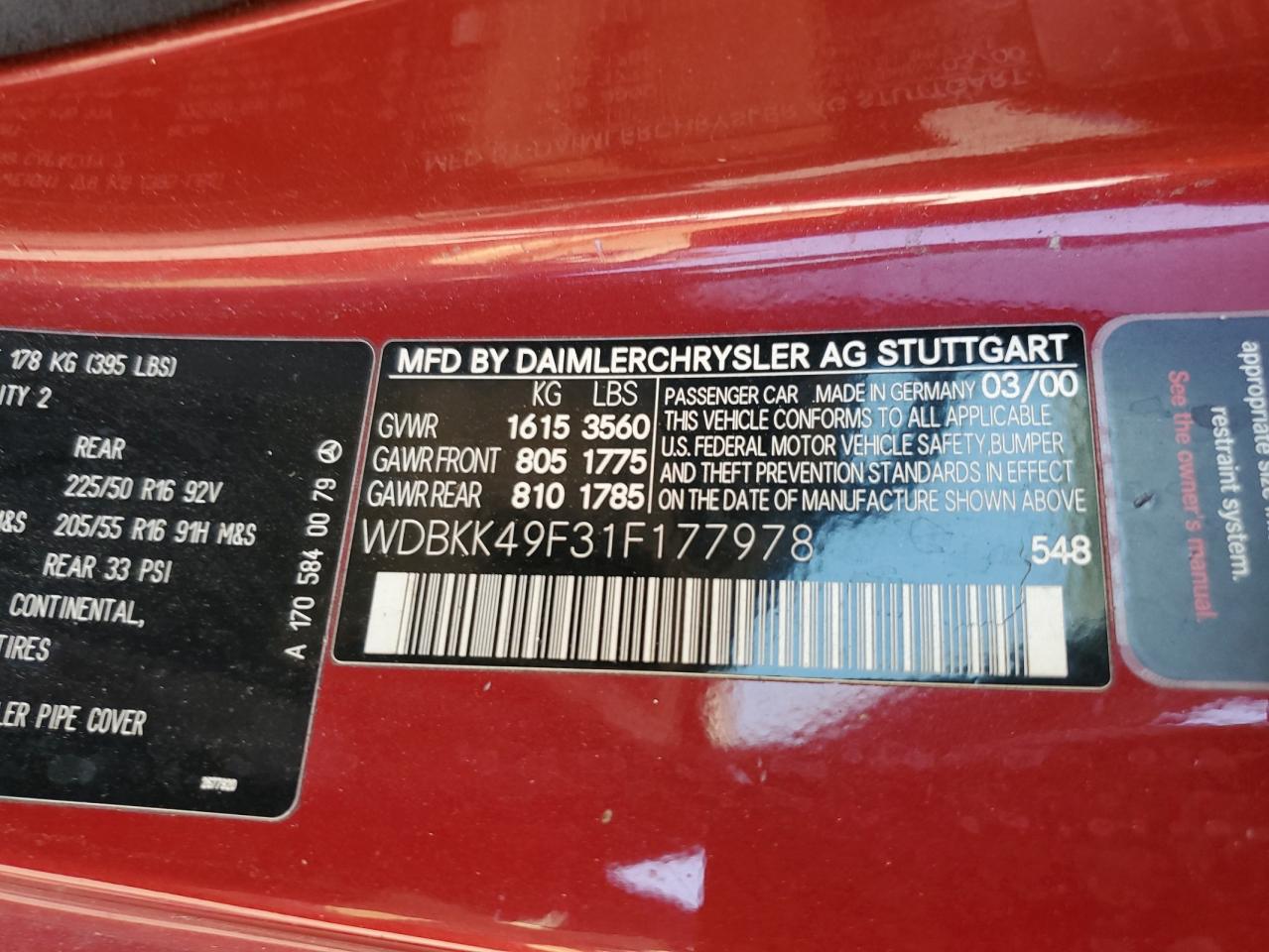 2001 Mercedes-Benz Slk 230 Kompressor VIN: WDBKK49F31F177978 Lot: 71560155
