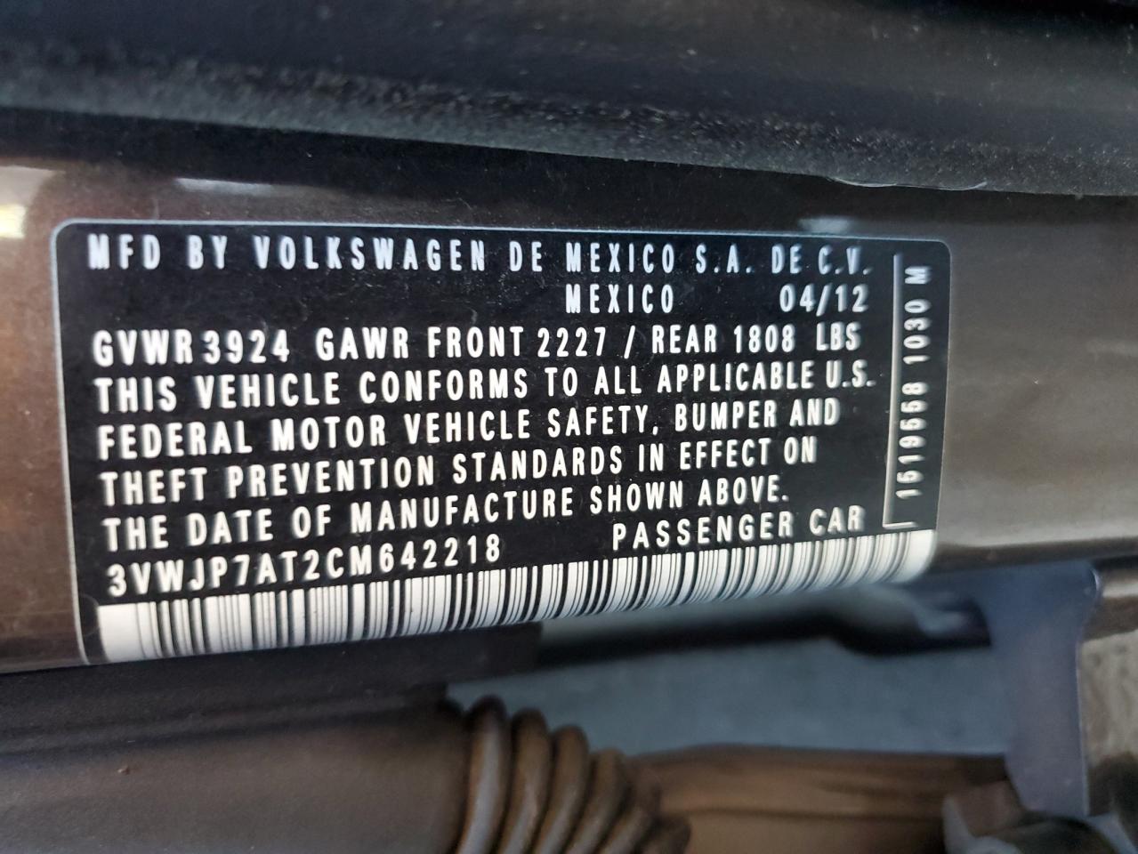 2012 Volkswagen Beetle VIN: 3VWJP7AT2CM642218 Lot: 81947895