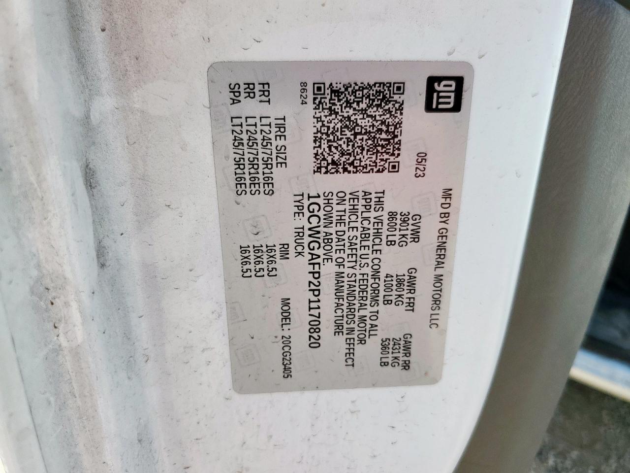 2023 Chevrolet Express G2500 VIN: 1GCWGAFP2P1170820 Lot: 89430715