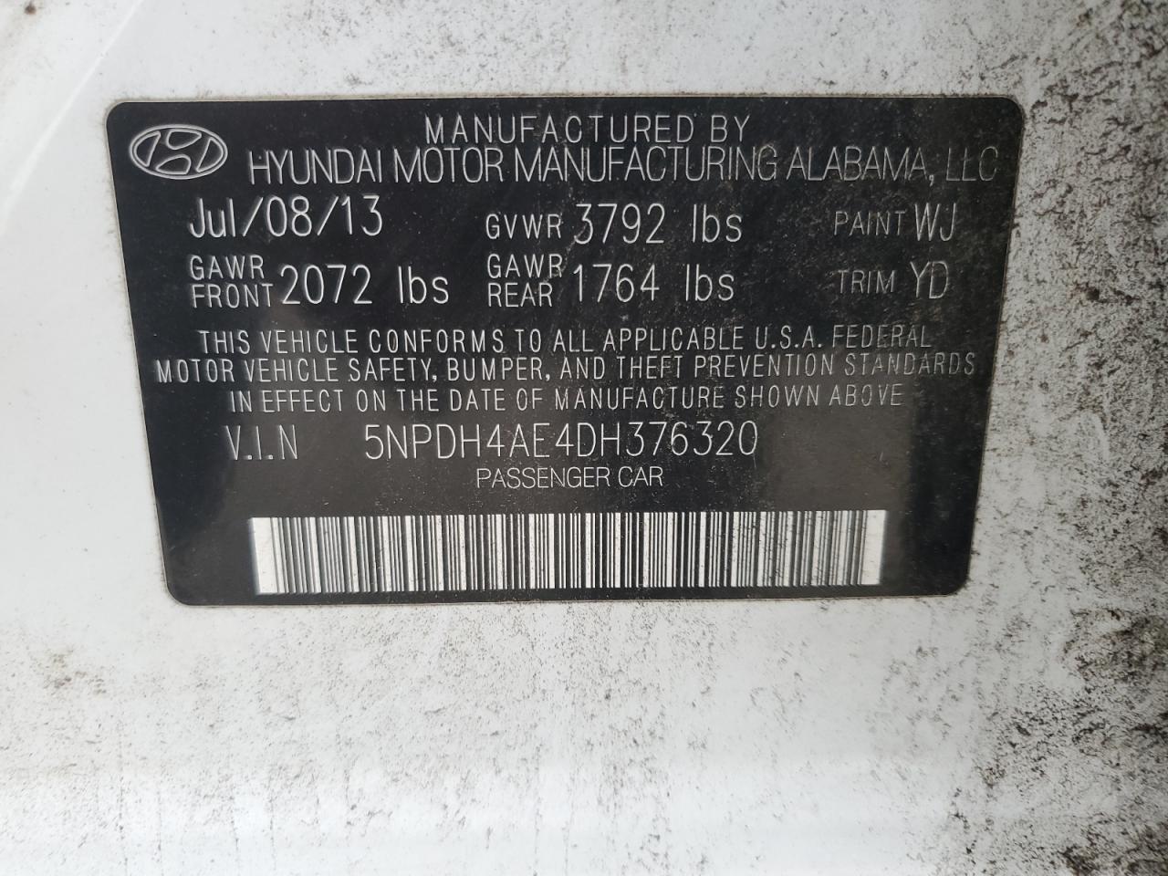 2013 Hyundai Elantra Gls VIN: 5NPDH4AE4DH376320 Lot: 80250735