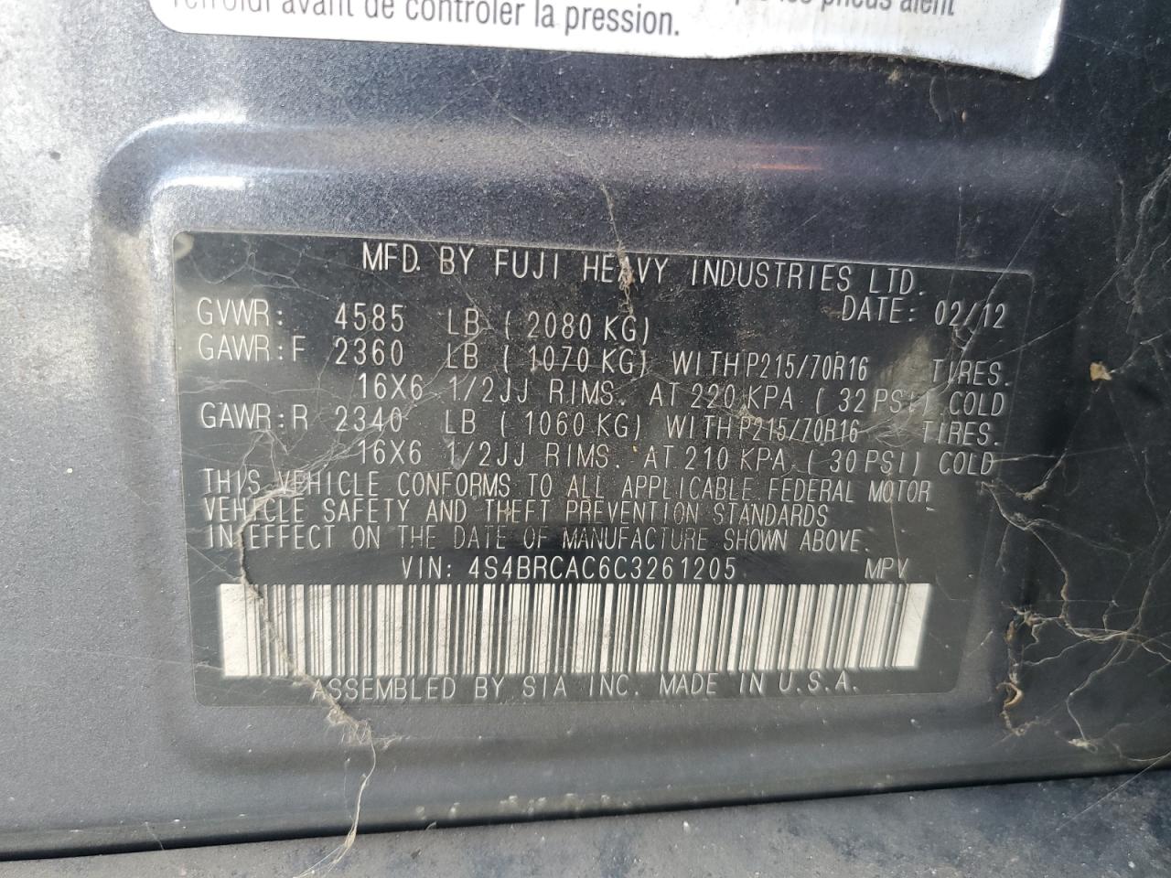 2012 Subaru Outback 2.5I VIN: 4S4BRCAC6C3261205 Lot: 71363195