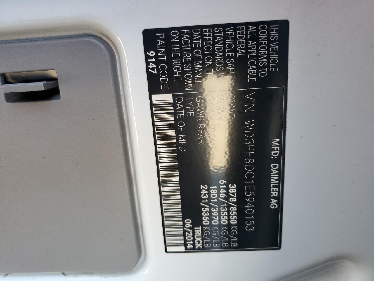 2014 Mercedes-Benz Sprinter 2500 VIN: WD3PE8DC1E5940153 Lot: 71899445