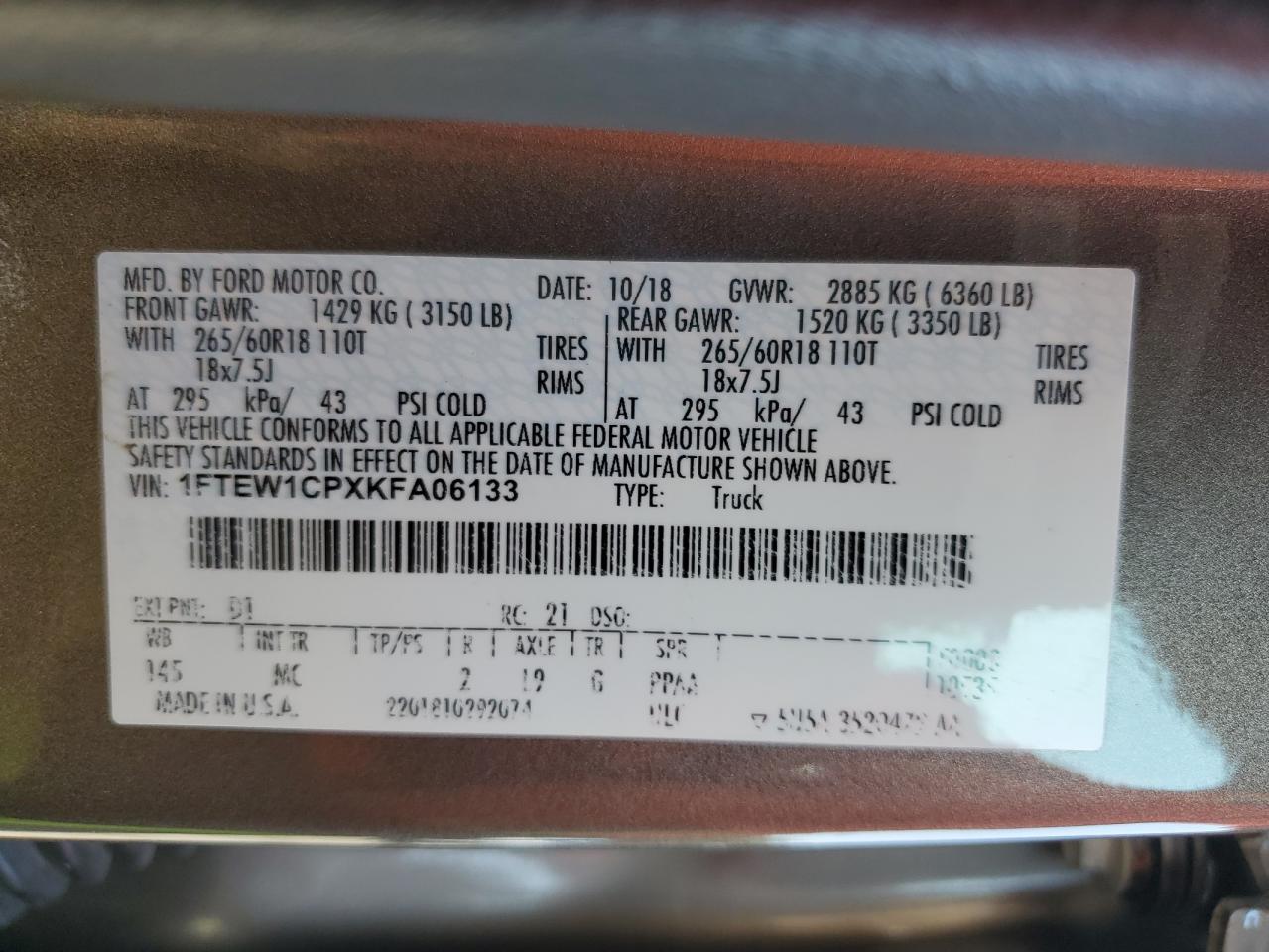 2019 Ford F150 Supercrew VIN: 1FTEW1CPXKFA06133 Lot: 81080965