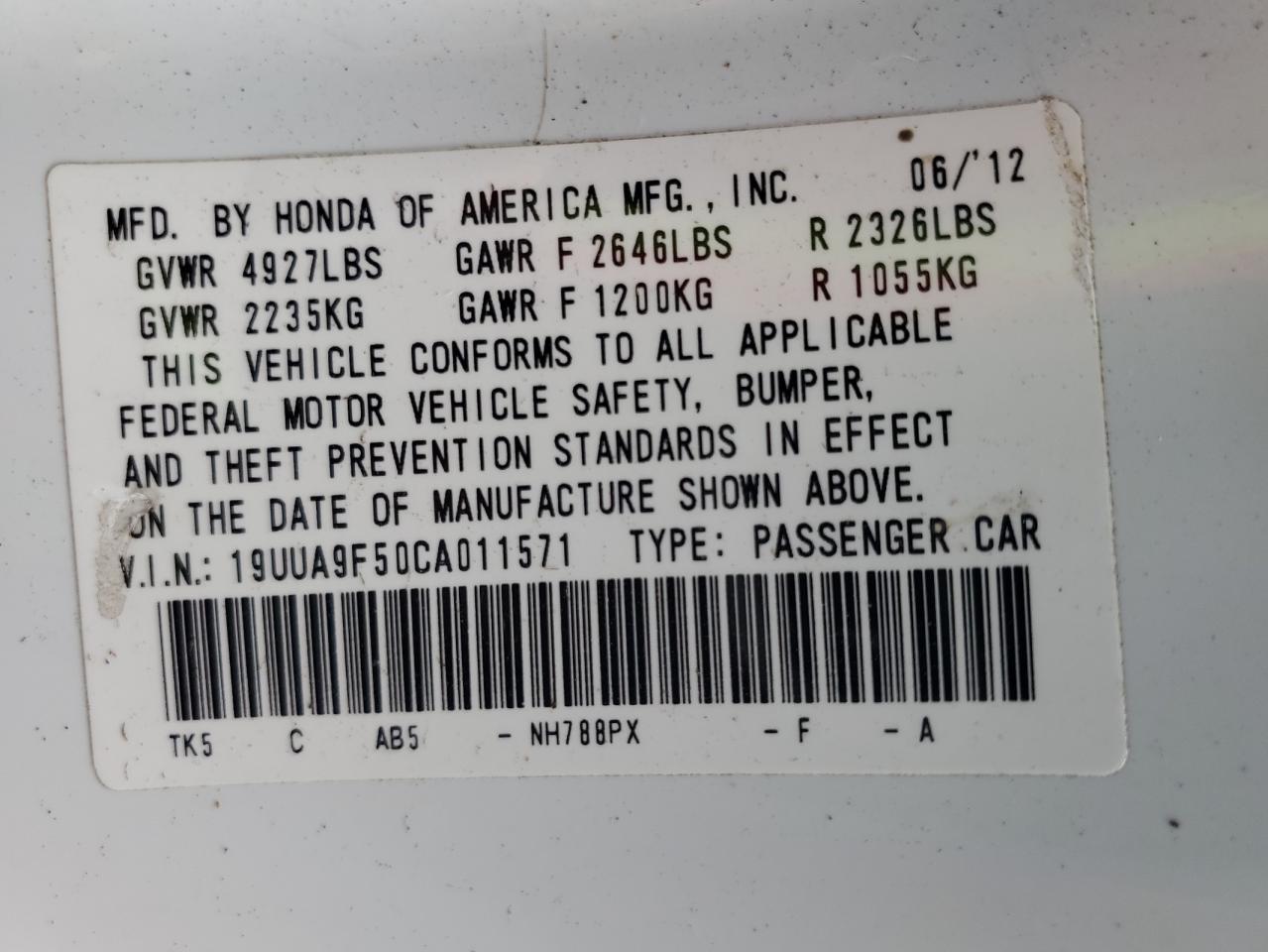 2012 Acura Tl VIN: 19UUA9F50CA011571 Lot: 83812605