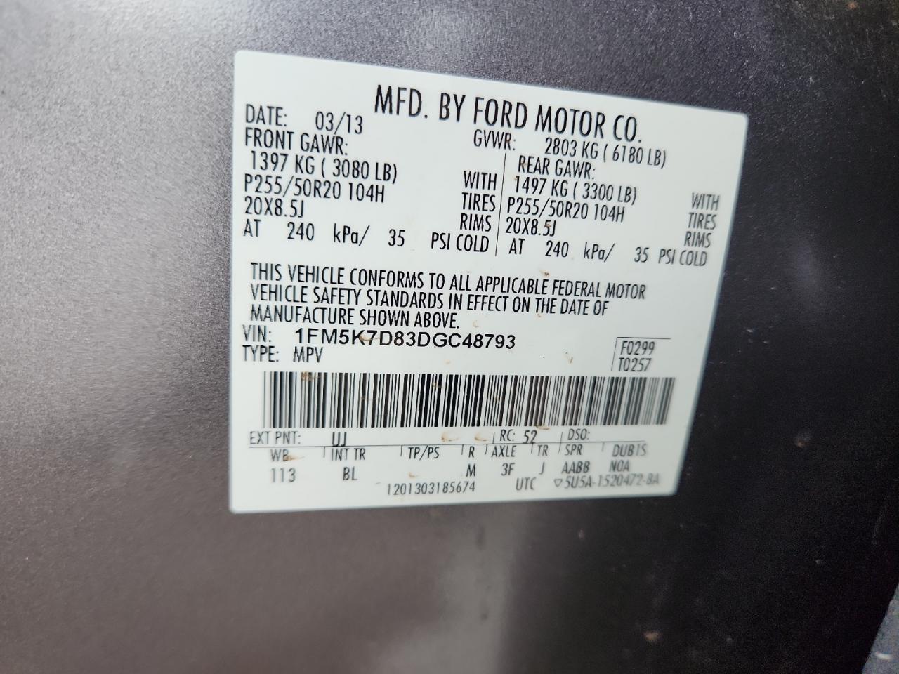 2013 Ford Explorer Xlt VIN: 1FM5K7D83DGC48793 Lot: 69221015