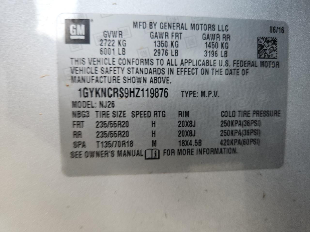 2017 Cadillac Xt5 Premium Luxury VIN: 1GYKNCRS9HZ119876 Lot: 71961145