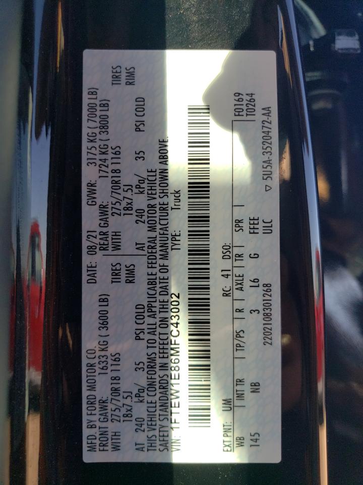 2021 Ford F150 Supercrew VIN: 1FTEW1E86MFC43002 Lot: 81816735