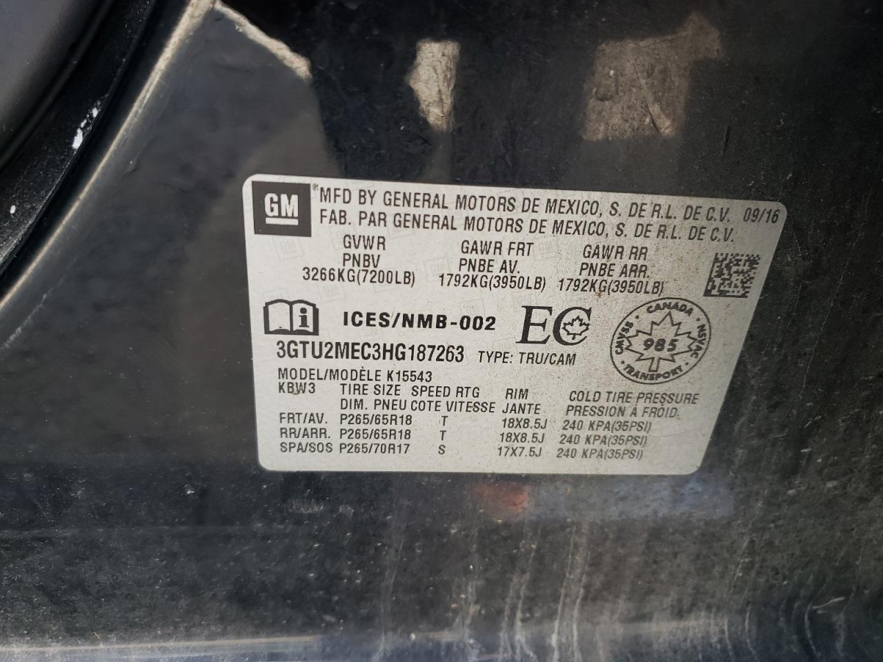 2017 GMC Sierra K1500 Sle VIN: 3GTU2MEC3HG187263 Lot: 80199685
