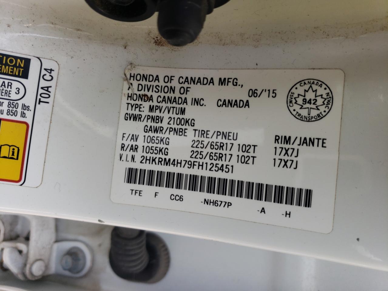 2015 Honda Cr-V Exl VIN: 2HKRM4H79FH125451 Lot: 83770825