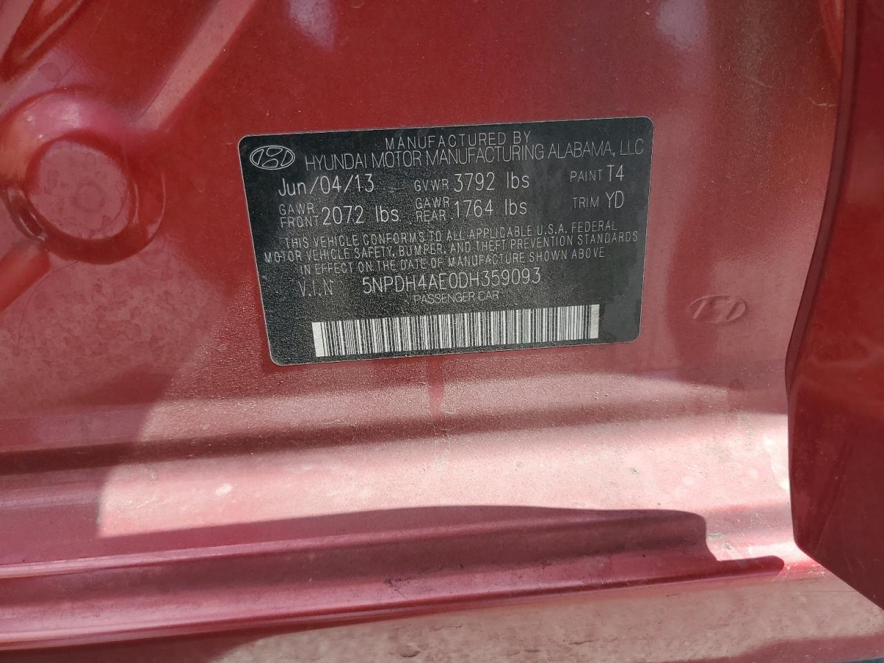 2013 Hyundai Elantra Gls VIN: 5NPDH4AE0DH359093 Lot: 81924585